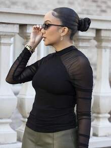Melissa Matos Spring And Summer Small Turtleneck Mesh Sleeve Black Tight Long-Sleeved Top - Black - View 5