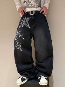 STEELVANCE 铆钉装饰做旧牛仔裤，刺绣点缀，宽松阔腿裤 - 黑色 - 查看 6