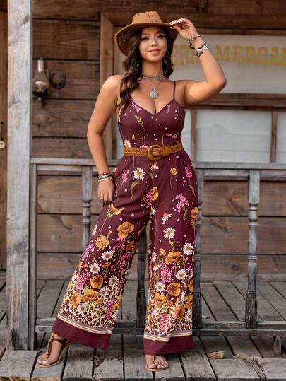 Nubod Plus Size Women's Floral Print Backless Tie-Front Jumpsuit, Romantic Sexy Beach Holiday Style, Without Belt