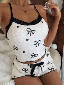 SHEIN Cartoon Bow & Heart Print V-Back Contrast Lace Slim Fit Women Pajama Set - Baby Pink - View 7