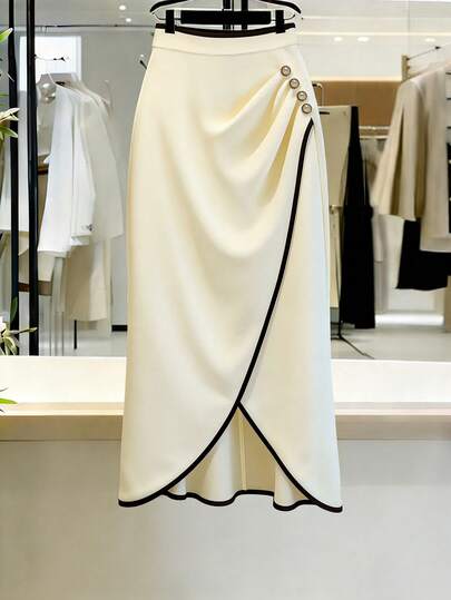 Franclia 女士优雅撞色铆钉纽扣装饰半身裙