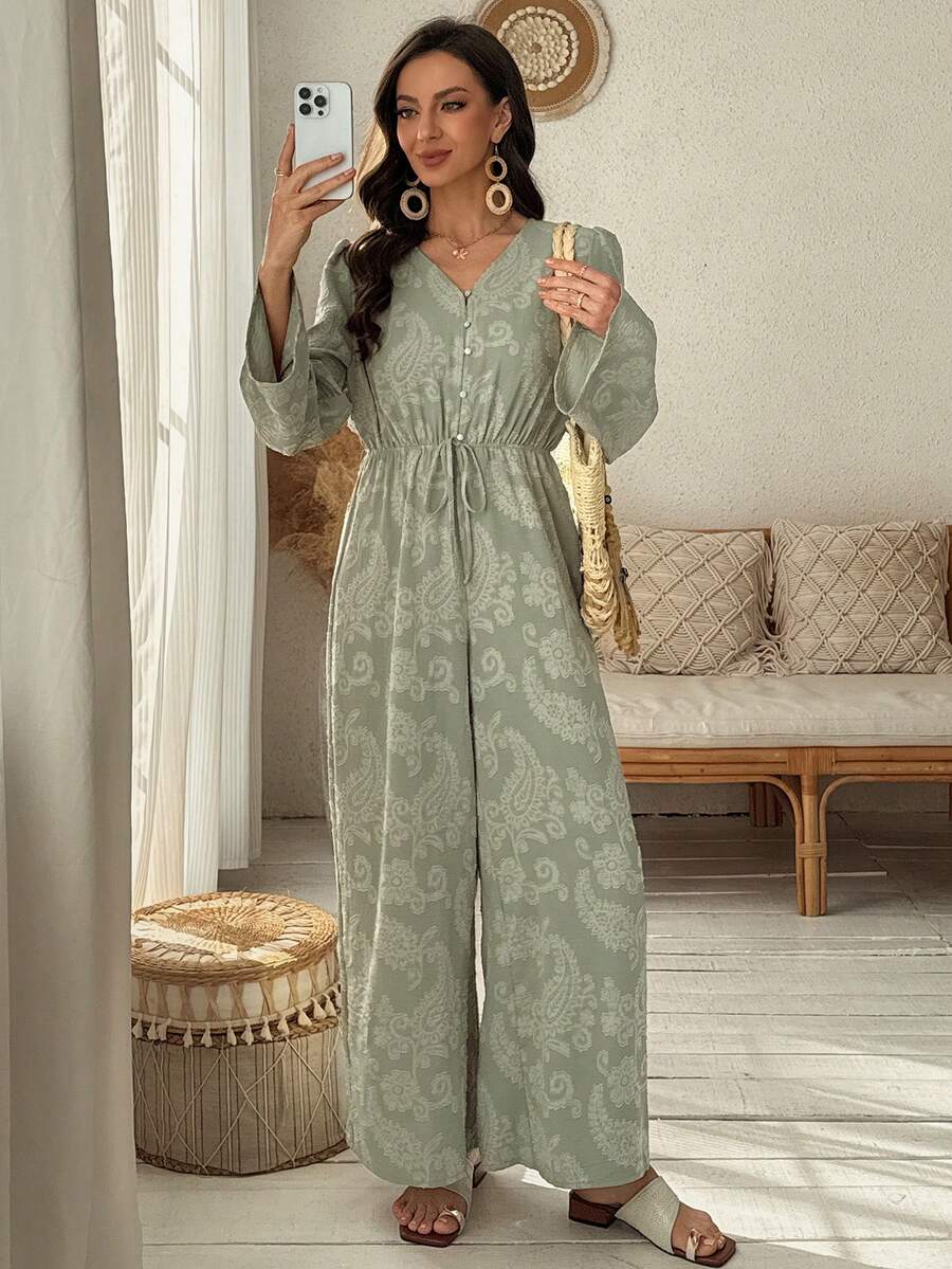 Vivie Lora Women's Vacation Cashew Print V-Neck Textured Waist Jumpsuit - Green - View 1