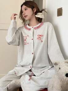 DAZY 2pcs Women Cat & Plaid Print Loose Cardigan Long Sleeve & Pants Pajama Set, Autumn - White - View 8