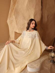 Al Najma Đầm tay cánh bướm màu vàng thanh lịch, đính họa tiết, thích hợp cho mùa xuân/hè. - Màu vàng - Xem 8