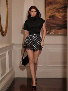 NOVVYNE French Polka Dot Lace Design Fashion Women Shorts - Black and White - View 4