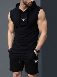 Manfinity Homme 男士休闲牛头印花连帽背心短裤套装，夏季 - 黑色 - 查看 1