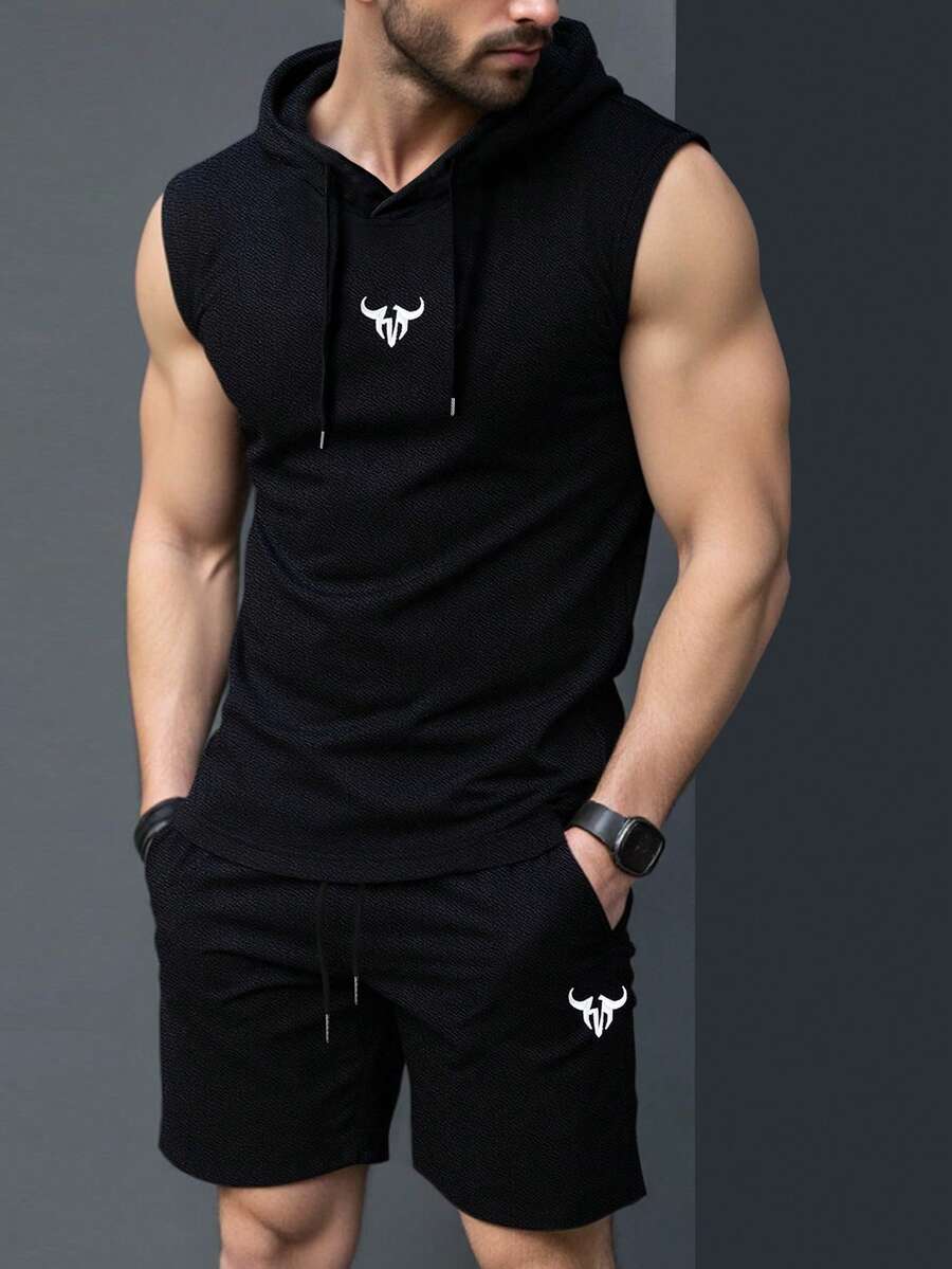 Manfinity Homme 男士休闲牛头印花连帽背心短裤套装，夏季 - 黑色 - 查看 1