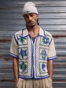 AXEPEAK Men's Vacation Palm Tree Pattern Hollow Out Short Sleeve Knit Cardigan - Multicolor - View 4