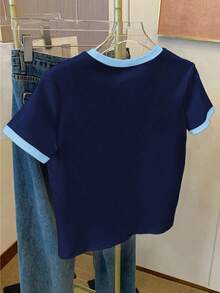 Resyla Women's Contrast Trim Letter Print Round Neck Short Sleeve T-Shirt - Blue - View 2