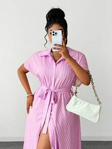 Maweii 大码女式夏季蝴蝶装饰粉白条纹连衣裙 - 粉色 - 查看 6