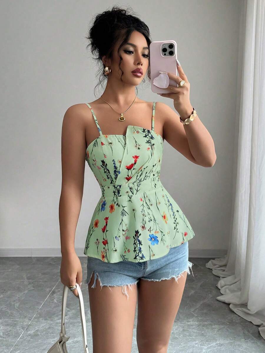 Selianne Áo hai dây croptop in hoa, vạt áo bất đối xứng, thích hợp cho nữ, mùa xuân/hè. - Màu xanh Bạc hà - Xem 1