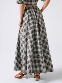 LYSMO 女士格子印花百褶休闲百搭半身裙 - 綠色 - 查看 2