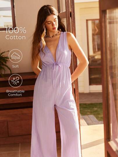 Bohemian Casual 100% Cotton Jacquard Jumpsuit, Loose Fit Leisure Wear For Women, Suitable For Indoor & Outdoor
