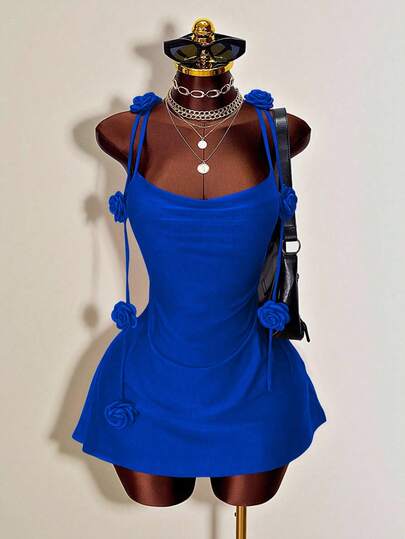 Mistrie Romantic Party Red Halter Dress, Bodycon Mini Skirt With 3D Rose Decor, Sexy Open Back Ruched Design, Bodycon Tight Fitting Cocktail Dress For Date Night, Formal Occasion Royal Blue Top Women Peplum Top Women Blue Summer Top Dress Top Bright Blue Top