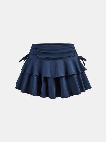 SHEIN Girlism Falda plisada con cintura con cordón de unicolor para niña preadolescente de estilo casual urbano