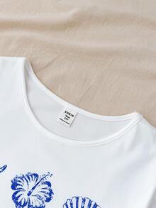 SHEIN Bộ 3 món cho bé gái tuổi teen, gồm áo thun ngắn tay cổ tròn in hình vỏ sò và sao biển + quần short/quần dài thắt nơ, kiểu dáng rộng rãi thoải mái. - Xanh và trắng - Xem 8