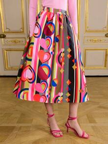 LOTSLUV 女士粉色爱心条纹抽象几何图案印花收腰A字褶边印花半身裙 - 粉色 - 查看 5