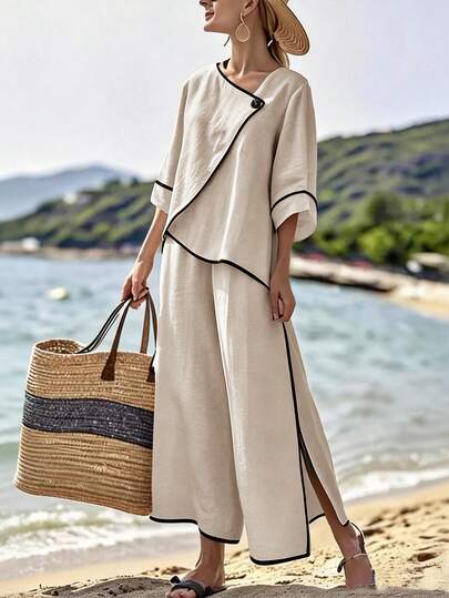 SHEIN Holidaya Women's Elegant Vacation Casual Patchwork Contrast Color 2 Pieces Set