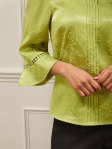 Lilora 女士优雅提花喇叭袖宽松圆领衬衫 - 綠色 - 查看 5