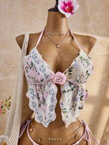 Bellisia 女士26SS春夏沙滩装，女士比基尼套装，两件套，优雅浪漫甜美可爱碎花沙滩度假装，精致3D立体花卉装饰，可拆卸胸垫三角比基尼套装 - 彩色 - 查看 6