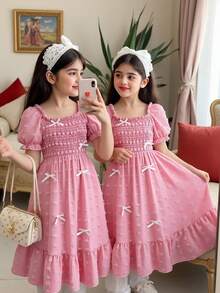 SHEIN ChillGRL Streecool 少女纯色泡泡袖蝴蝶结休闲连衣裙，适合春夏日常休闲穿着 - 粉色 - 查看 3