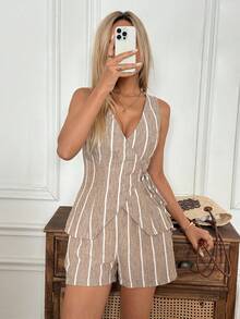 Easowa Bộ đồ nữ kẻ sọc 2 món, áo hai dây buộc eo và quần short, phù hợp với phong cách cổ điển, công sở thường ngày, kỳ nghỉ kiểu Pháp, trang phục thường nhật, mùa xuân/hè. - Nhiều màu - Xem 3