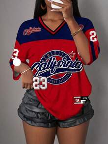 Slaydiva 大码休闲简约字母标志 V 领宽松网眼运动 T 恤，适合夏季、运动季、返校季、音乐节 - 彩色 - 查看 3