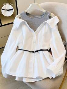 GlowEve 女士落肩长袖单排扣时尚衬衫 - 白色 - 查看 3