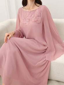 Yasmyna 女士春夏粉色雪纺长袖花卉刺绣优雅土耳其和阿拉伯传统长裙 - 粉色 - 查看 7