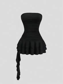 Sweetra Đầm đen cúp ngực ôm sát gợi cảm phong cách Y2K, chân váy xòe thanh lịch, thích hợp cho hẹn hò, tiệc tùng và sự kiện. - màu đen - Xem 1