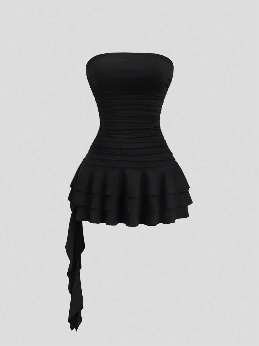 Sweetra Đầm đen cúp ngực ôm sát gợi cảm phong cách Y2K, chân váy xòe thanh lịch, thích hợp cho hẹn hò, tiệc tùng và sự kiện. - màu đen - Xem 1