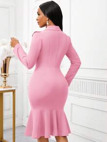 SHEIN Lady 女士优雅纯色双排扣鱼尾中长连衣裙 - 粉色 - 查看 2