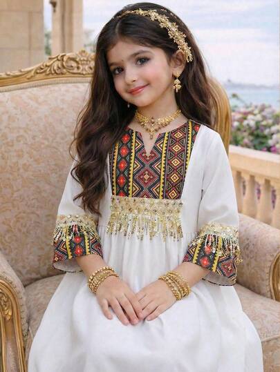 SHEIN Tween Girls' Loose Casual Vacation Solid Color Patchwork Pattern Tassel Decor Dress