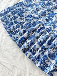 SHEIN ChillGRL 少女休闲宽松度假风印花荷叶边半身裙，适合日常通勤、休闲、度假、海滩、派对等场合。 - 藍色 - 查看 4