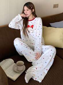 DAZY 女士秋季两件套快乐狗狗印花星星图案宽松长袖长裤睡衣套装 - 米色 - 查看 4