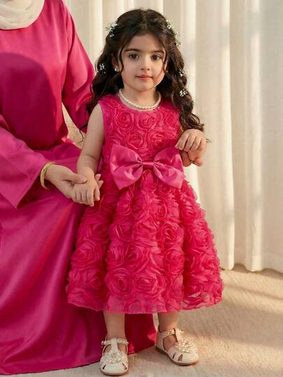 1 Piece Baby Girls Vibrant Floral Style Bright Pink Sleeveless Mini Dress With 3D Rose Appliques & Bow Decoration For Summer Baby Celebrations & Playdates