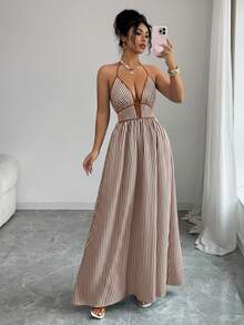 Elenzga Women's Striped Print Halter Tie Neck Dress - Coffee Brown - View 4