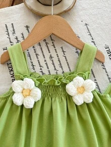 SHEIN Babygirl Summer Cute Knitted Green Floral Print Camisole & Elastic Waist Pants Set - Green - View 4