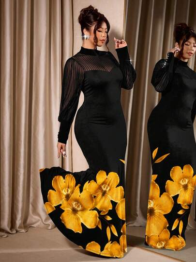 Cravure Vestido ajustado de punto con estampado floral digital, cuello alto, mangas semitransparentes y rayas verticales, elegante para fiesta, talla grande, otoño