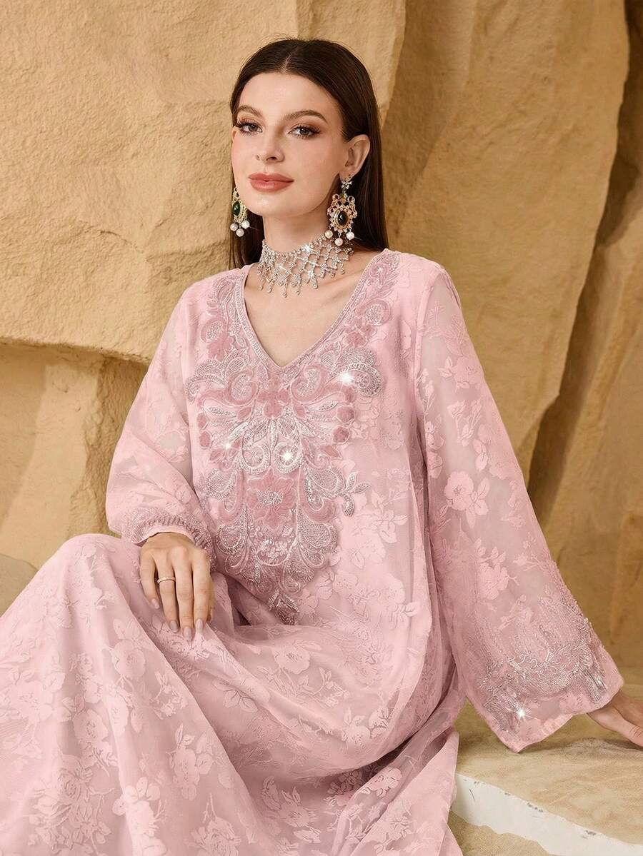 SHEIN Najma Đầm kiểu Ả Rập lãng mạn, thanh lịch dành cho thiếu nữ, làm từ vải cắt ren tinh tế. - Màu Hồng baby - Xem 1