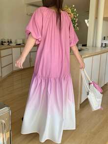 Dazy Plus Plus Size Women's Casual Vacation Elegant Ombre Bubble Sleeve Belted Midi Dress, Summer Sun Dresses For Women - Hot Pink - View 5
