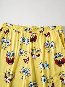 SpongeBob SquarePants | SHEIN Plus Size Men Cartoon Pattern Crew Neck Long Sleeve T-Shirt And Pants Pajama Set, Comfortable For Autumn - Yellow - View 7