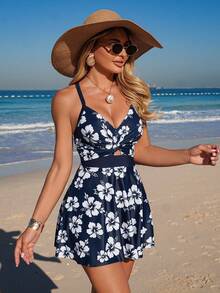 Swim Lushoire Bộ đồ bơi tankini họa tiết hoa màu xanh hải quân mới dành cho nữ, kiểu dáng xoắn khoét rỗng và xếp ly. - Nhiều màu - Xem 3