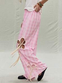 SoleilVie 低腰格子阔腿裤女装 – 新款花卉蝴蝶结装饰修身款 - 粉色 - 查看 3
