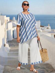 EMERY ROSE Plus Size Women Loose Casual Round Neck Short Sleeve Faux Linen Bamboo Striped Print Contrast Color Casual 2-Piece Set, Spring/Summer - Blue and White - View 5