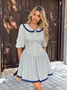 SHEIN PariChic 复古波点彼得潘领连衣裙，泡泡袖半袖，收腰A字廓形，撞色蕾丝边饰，甜美青春短款连衣裙 - 彩色 - 查看 3