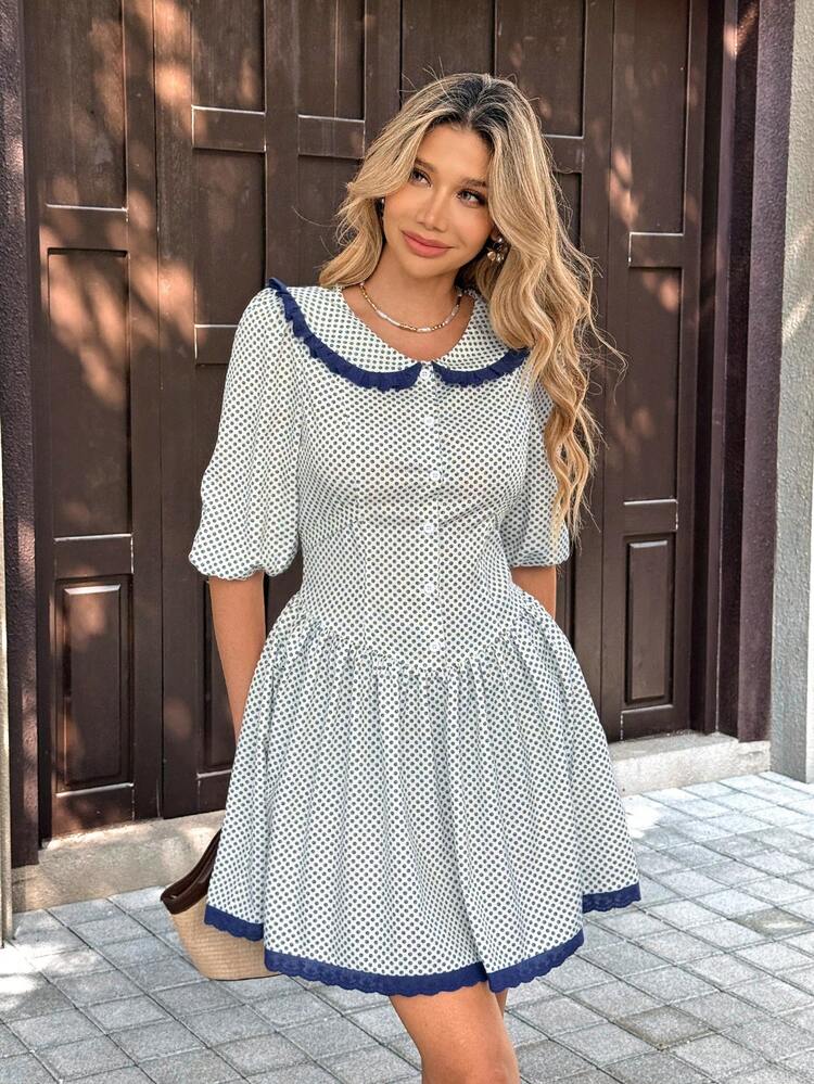 SHEIN PariChic 复古波点彼得潘领连衣裙，泡泡袖半袖，收腰A字廓形，撞色蕾丝边饰，甜美青春短款连衣裙 - 彩色 - 查看 3