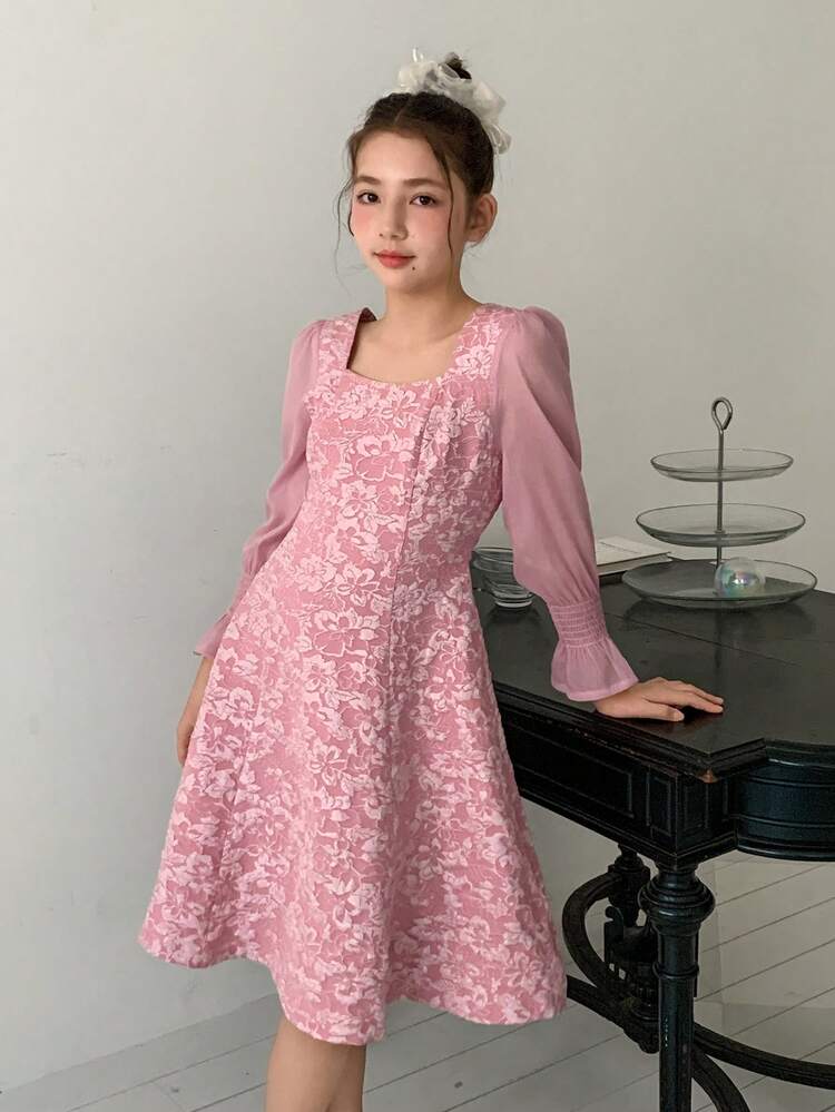 Tween Girl Floral Jacquard Flare Sleeve Elegant Dress Spring