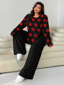 Solflare 大码女式宽松圆领T恤和直筒裤两件套 - 紅色 - 查看 5