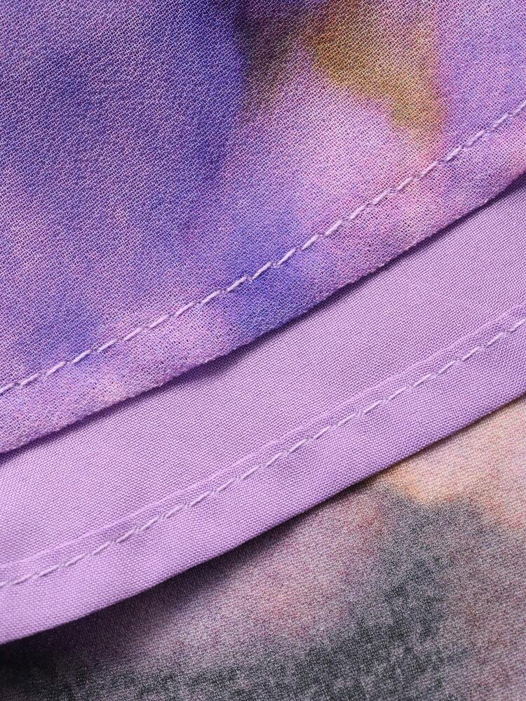 Women's V-Neck Purple Tie-Dye Print Sleeveless Waist Cinched Dress, Elegant Resort Style Sundress